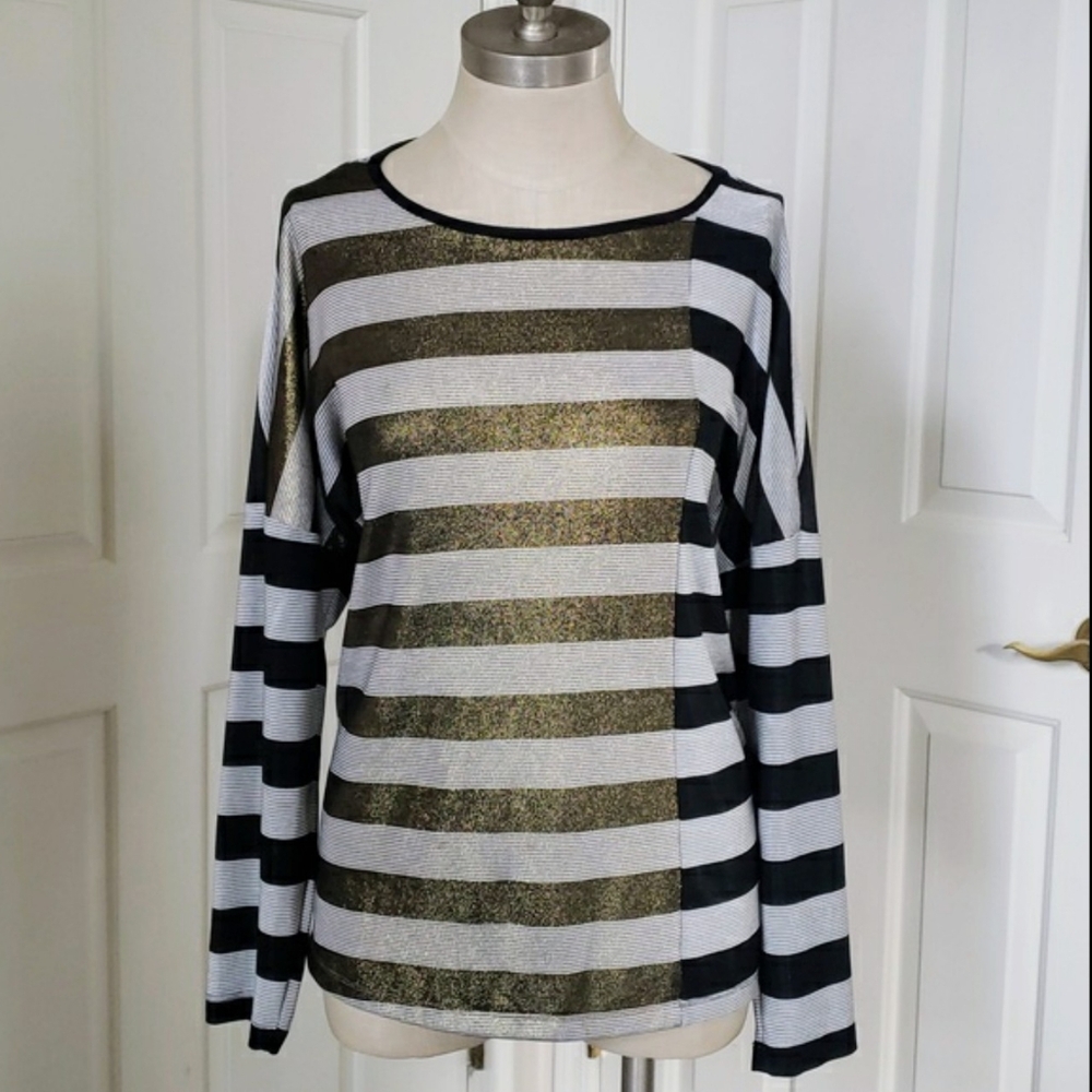 ALEMBIKA Liquid Gold Striped Long Sleeve Tunic Top Lagenlook Metallic Size 1 - Picture 3 of 14
